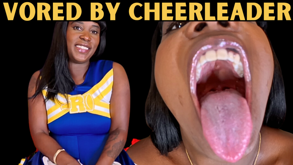 A thumbnail for vore videos Vored by Cheerleader. Queen Ava Racks in a cheerleading uniform and an open mouth shot