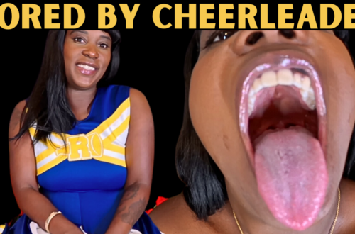 A thumbnail for vore videos Vored by Cheerleader. Queen Ava Racks in a cheerleading uniform and an open mouth shot